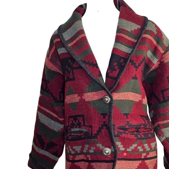 Vintage 80s Eddie Bauer Jacket Coat Womens Size XS Red Wool Aztec Southwestern - Picture 2 of 6